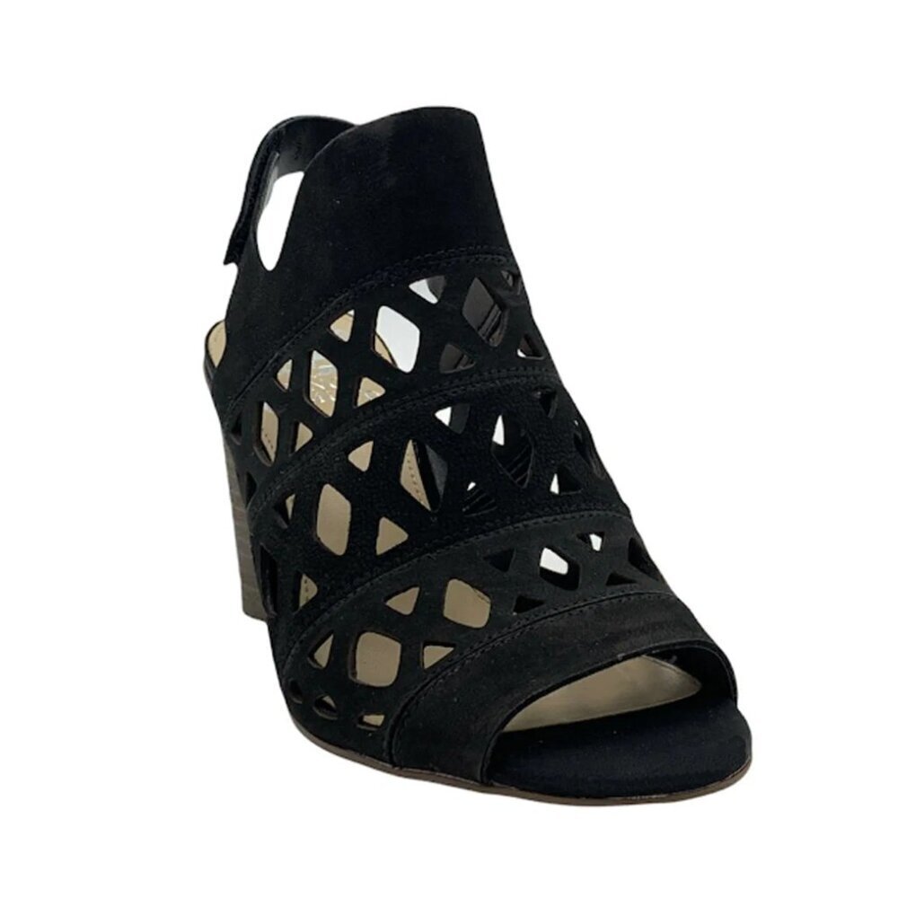Vince Camuto Women's Sz 8 Deverly Cutout Nubuck Heeled Sandals Black Suede Laser